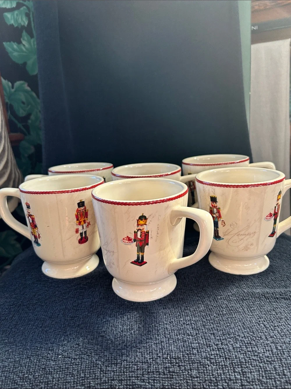 Williams Sonoma Cream Nutcracker Pedestal Mugs with Red Trim (Set of 6)